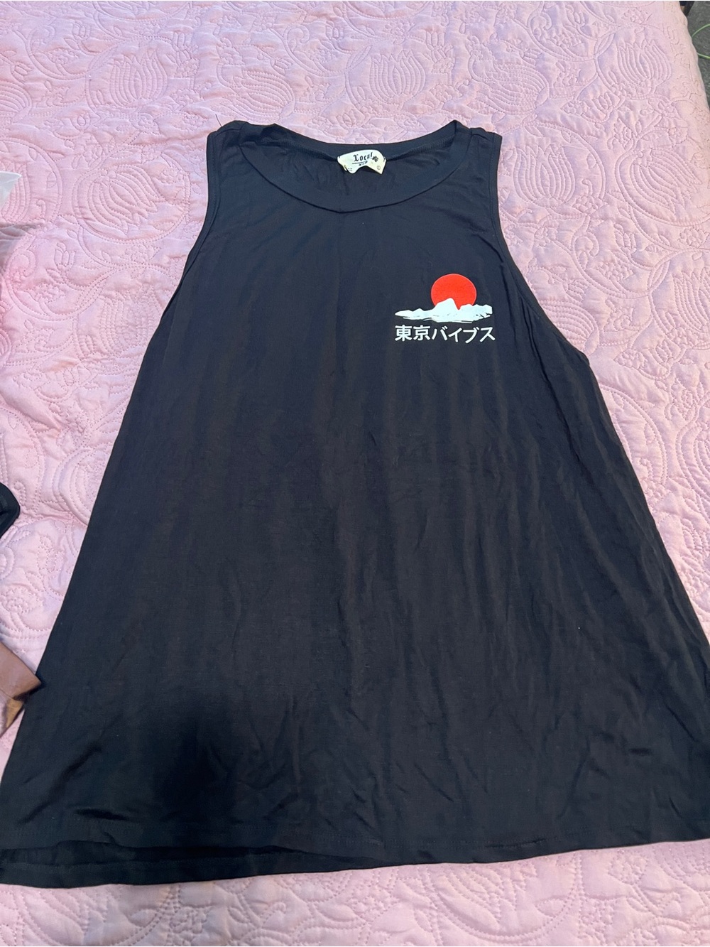 Women's Black Sleeveless Graphic Tank with Red Sun Japanese theme